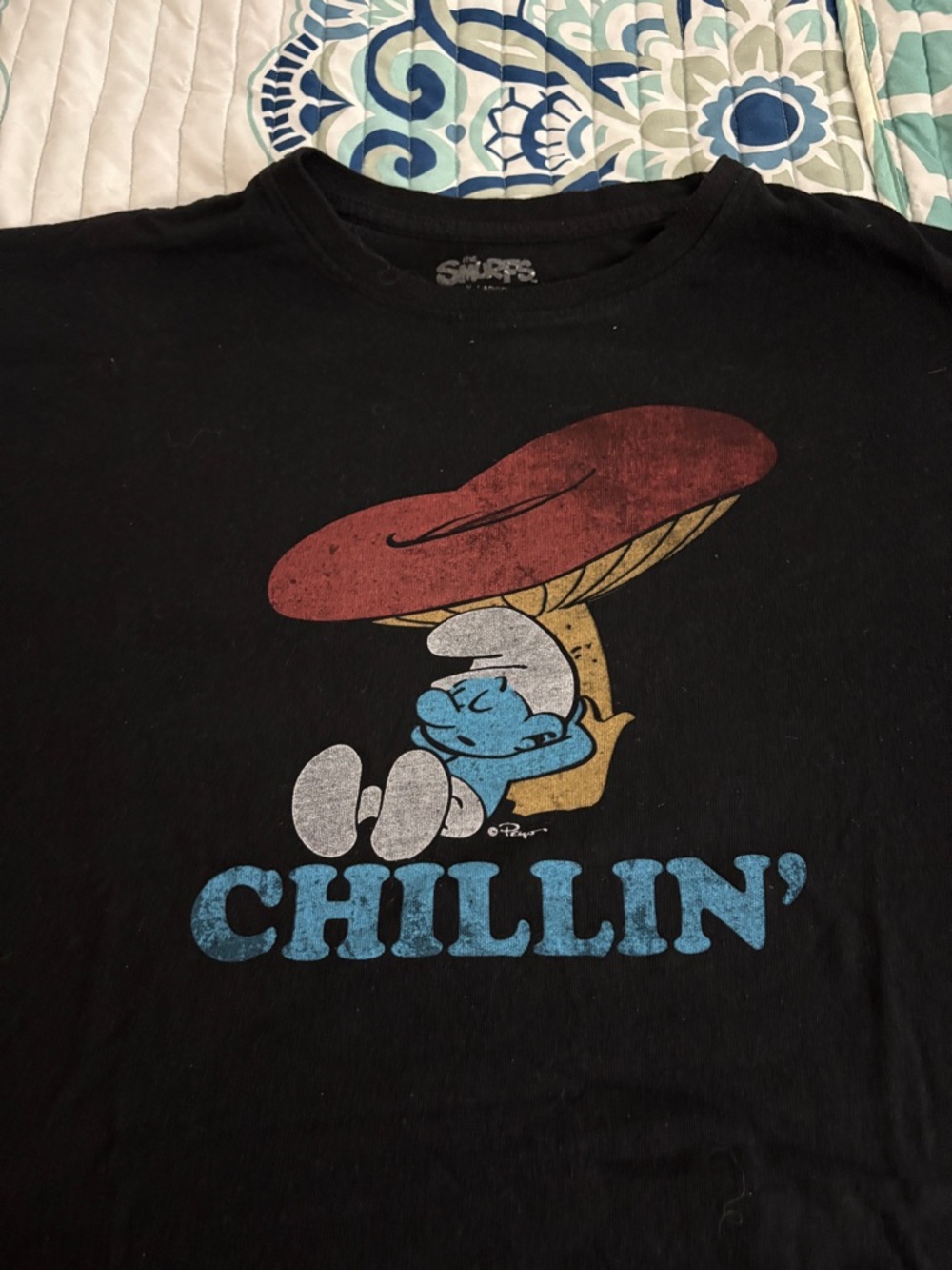 Chillin' Smurf Graphic Tee - Black with Blue, Red, White